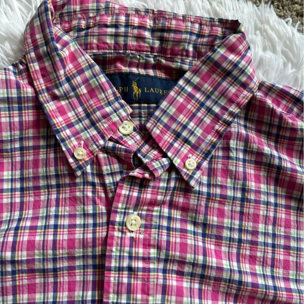 Ralph Lauren Button Down Shirt Plaid Short Sleeves‎ Mens Size Medium